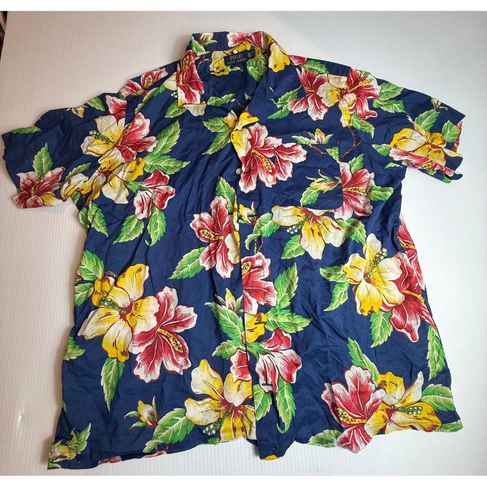 Polo Ralph Lauren Mens XXL Classic Fit Navy Blue Floral Hibiscus Hawaiian Shirt